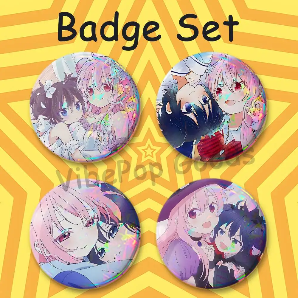 Satou X Shoko H-Happy S-Sugar L-Life 75mm Large Tin Badge 3 Inch Holographic Baji for Ita-Bag Centerpiece 4-Piece Set