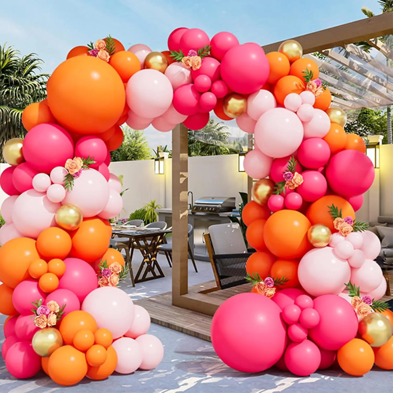 

106Pcs Hot Pink Orange Metallic Gold Tropical Latex Balloons Arch Kit for Baby Bridal Shower Wedding Birthday Party Decorations