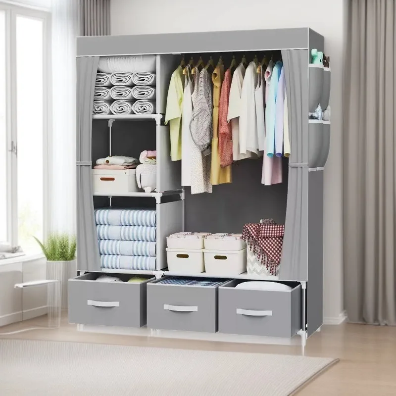 Simple Wardrobe with Storage Box Multifunctional Closet Dormitory Garment Rack Nonwoven Wardrobe Organizer Cabinet Converters
