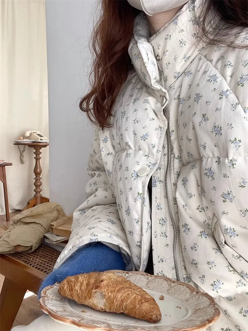Women Parkas 2024 Autumn Winter New Large Size Fashion Stand Collar Floral Print Zipper Cotton Padded Jacket Warm Loose Casual