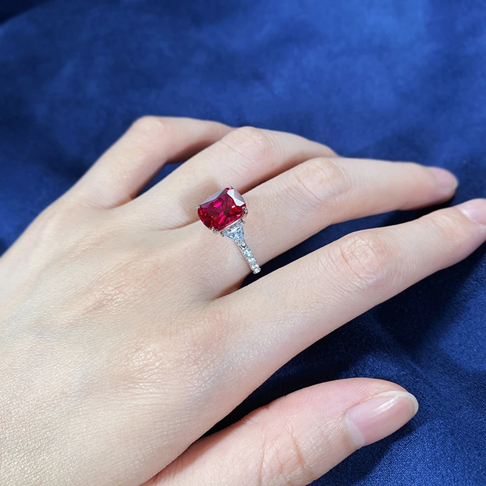 Vinregem 8*10 MM Ruby High Carbon Diamond Gemstone Vintage 100% 925 Sterling Silver Ring for Women Wedding Engagement Jewelry