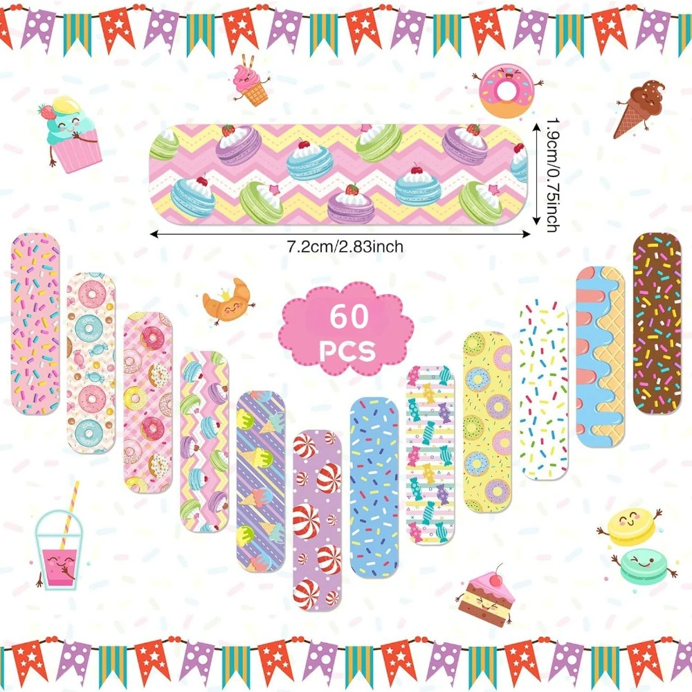 60pcs/set Cartoon Doughnut Ice Cream Prints Band Aid Kawaii Plasters Wound Dressing Patch First Aid Strips Adhesive Bandages