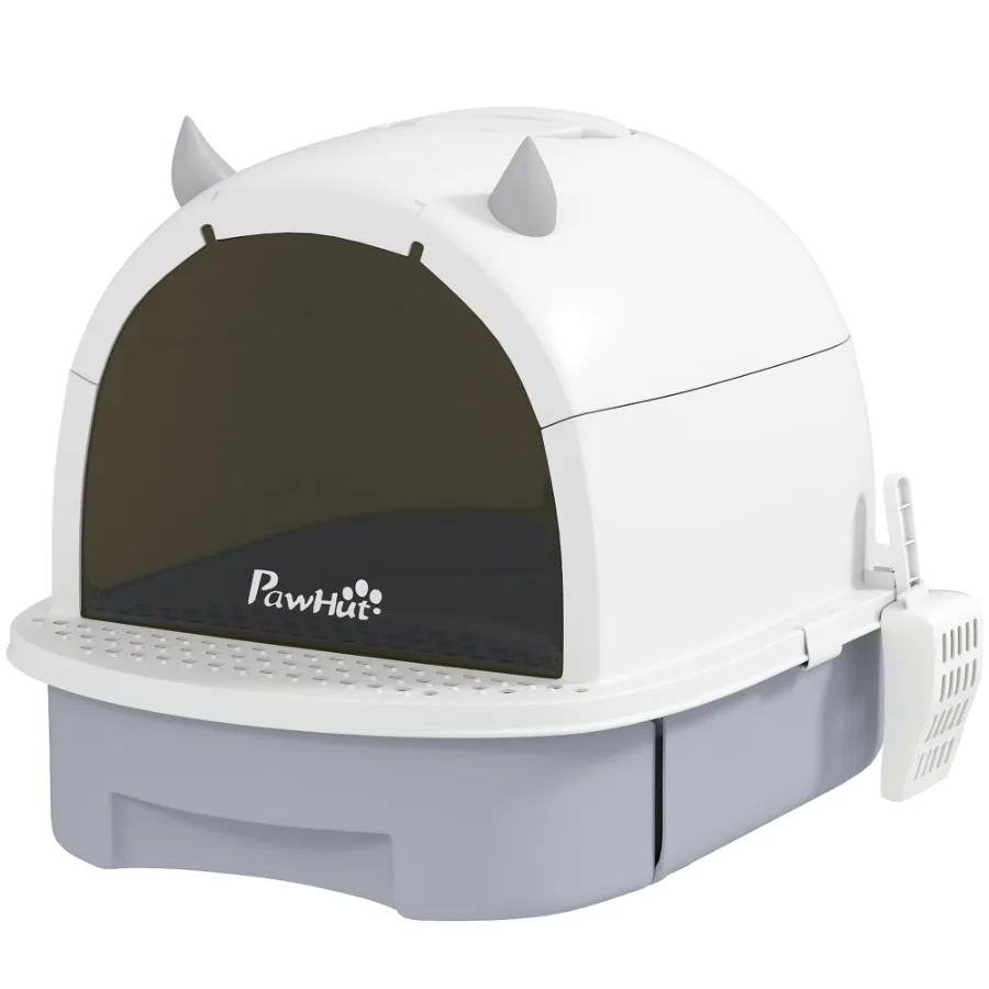 Covered Cat Litter Box with Lid Scoop Deodorizing Bags for Odor Control Privacy Easy to Clean Gray