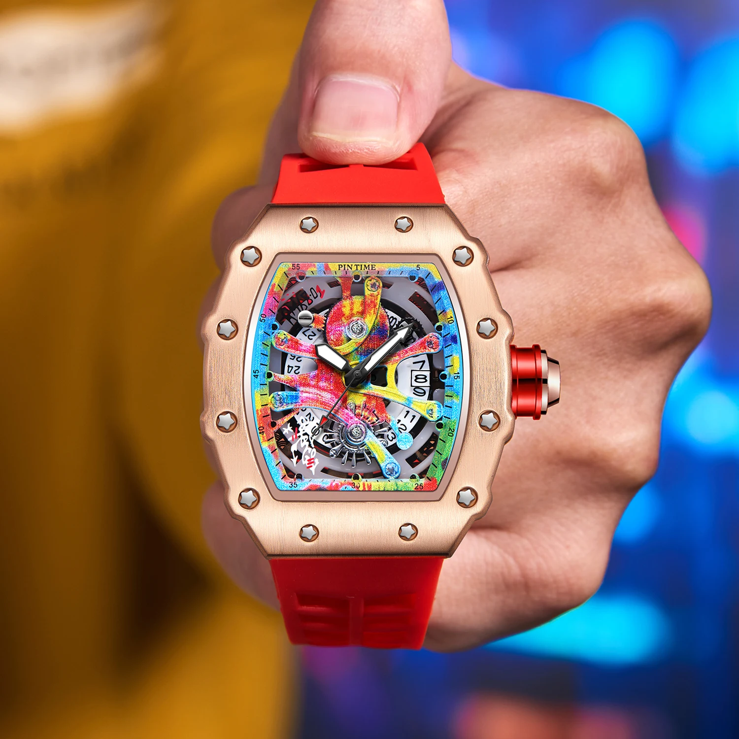 Luxury Watch Men Wrist Watches Tonneau Multifunction Graffiti Dial Auto Date Waterproof Sports Casual Clock Men Quartz Watches