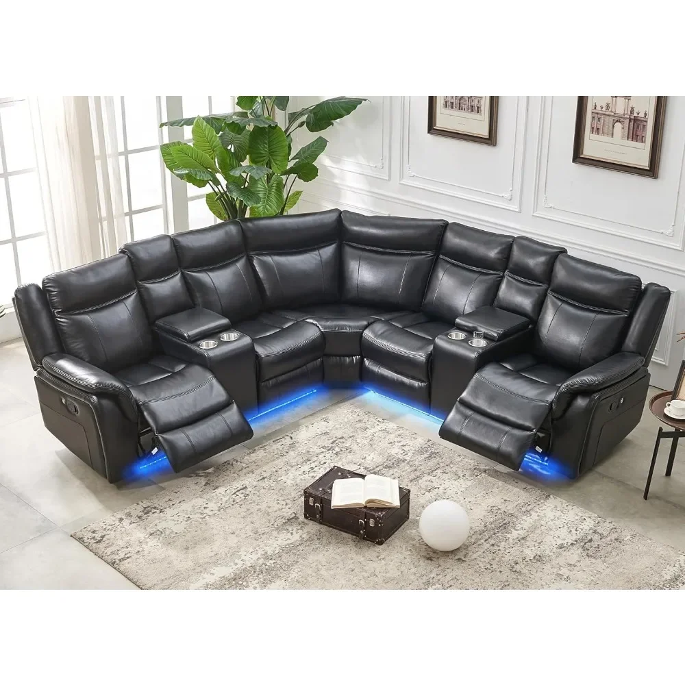 

recliner，Manual Recliner Sofa Sectional Couches with LED Light for Living Room, Leather Reclining Corner Sectionals Sofa