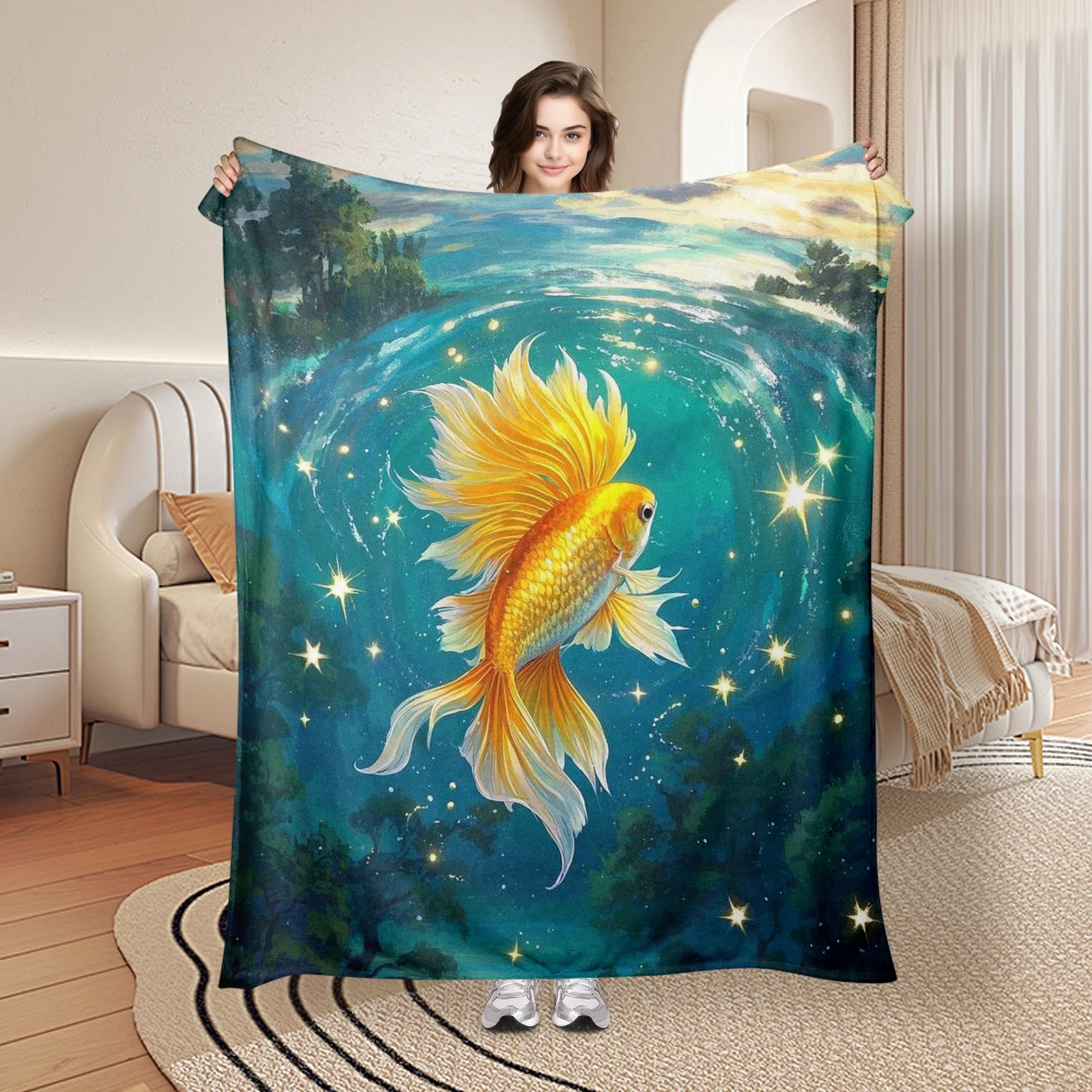 Cobertor de peixe betta pintado à mão, design inspirado no floresta, lance com tema de fantasia para decoração de casa, ideia de presente, tema aquático encantado