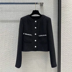 Runway Fashion Design Black Small Plaid Tweed Jacket Women Vintage O-neck Lantern Sleeve Single Breasted Pockets Chic Short Coat