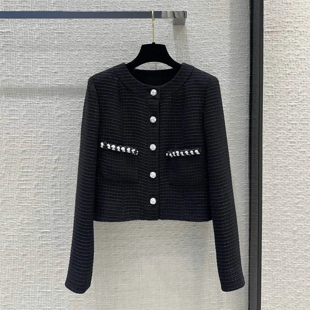 Runway Fashion Design Black Small Plaid Tweed Jacket Women Vintage O-neck Lantern Sleeve Single Breasted Pockets Chic Short Coat