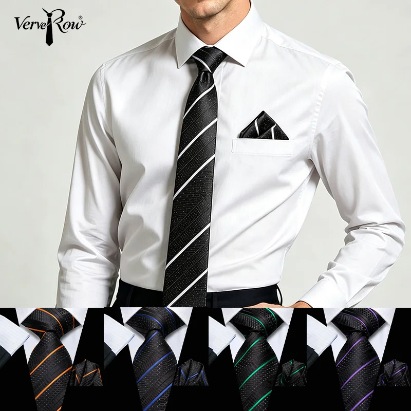 VerveRow Men Diagonal Stripe Tie & Pocket Square Set, Black White Striped Jacquard Necktie Handkerchief for Business Occasions