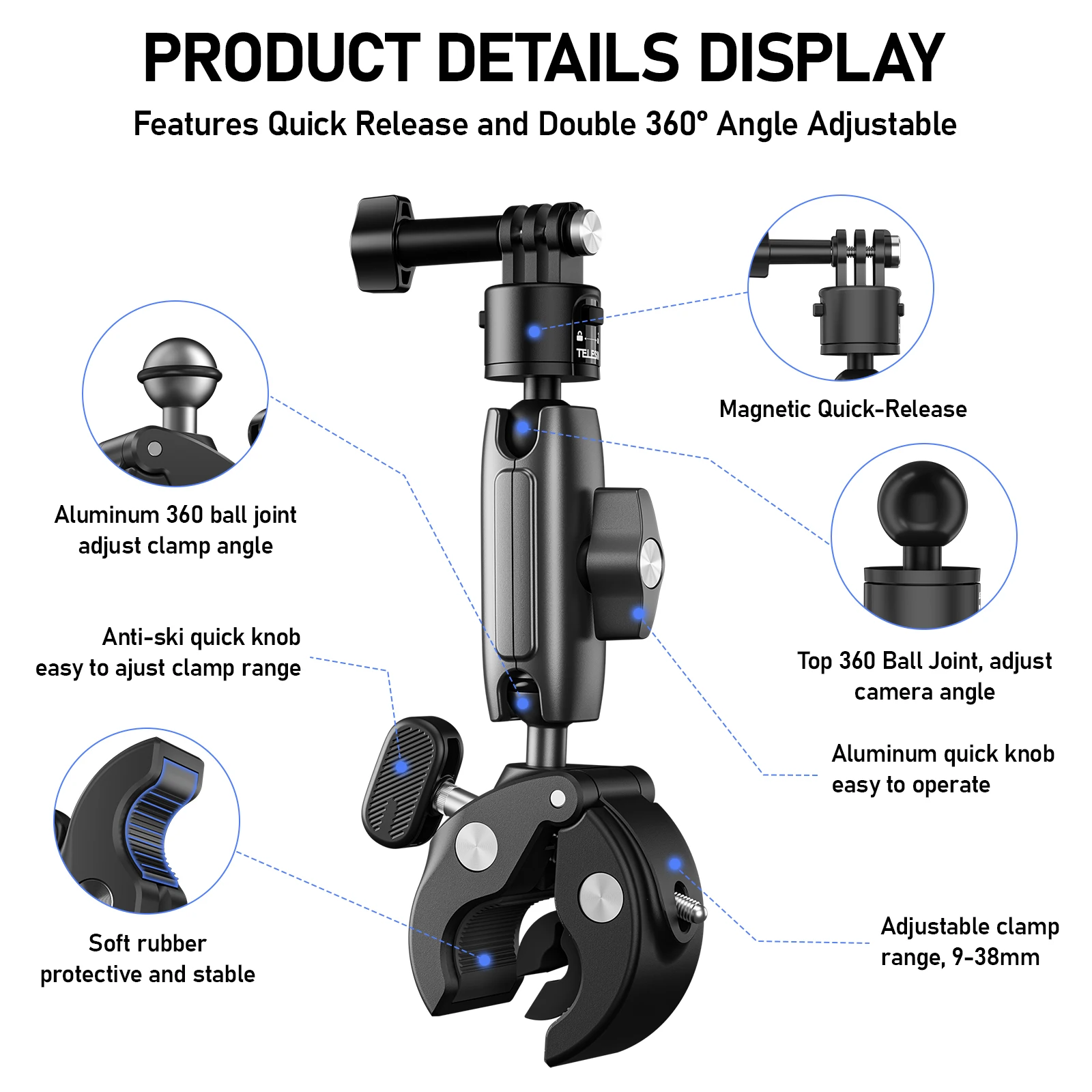 TELESIN Cycling Motorcycle Clip Quick Release Magic Arm 360° Aluminum Alloy Super Clamp For Camera GoPro Action Camera