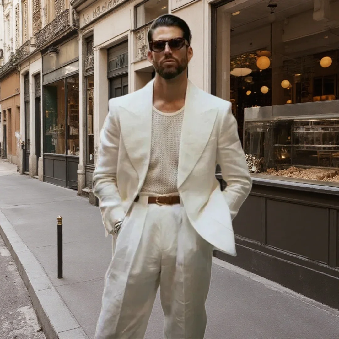 

Summer 2 Piece Linen Men Suits Wedding Groom Tuxedos Smart loose Casual Peak Lapel Blazer Pants Costume Homme