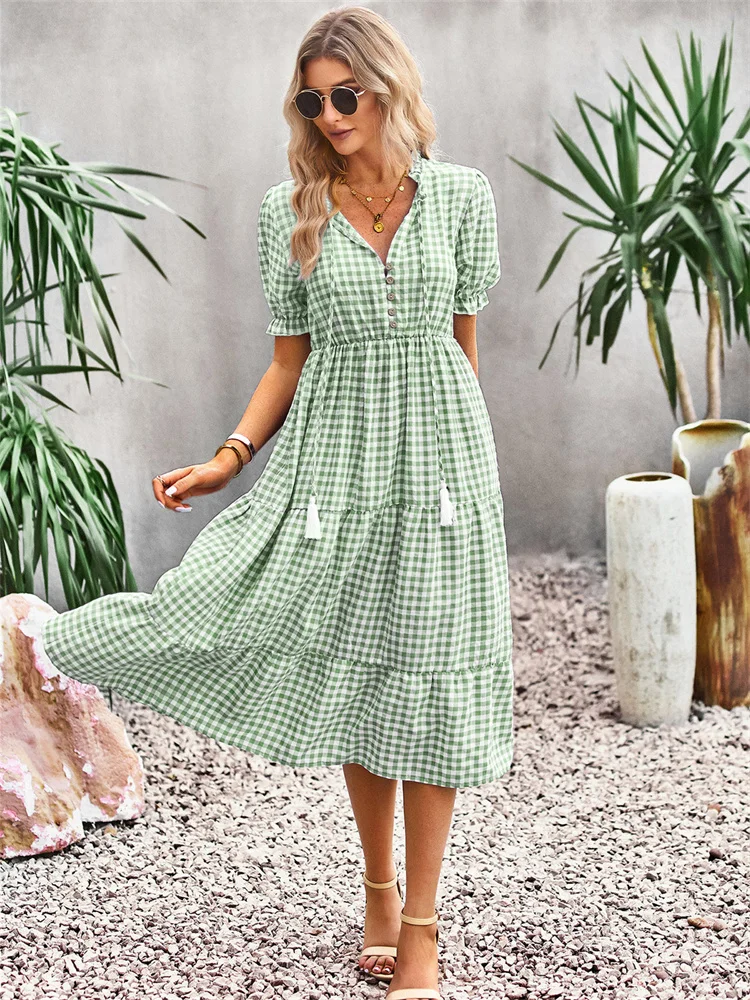 

Summer Plaid Long Dress Women Chic Elegant Drawstring V-neck Short Sleeve High Waist Midi Dress Lady Fashion Casual Sundress