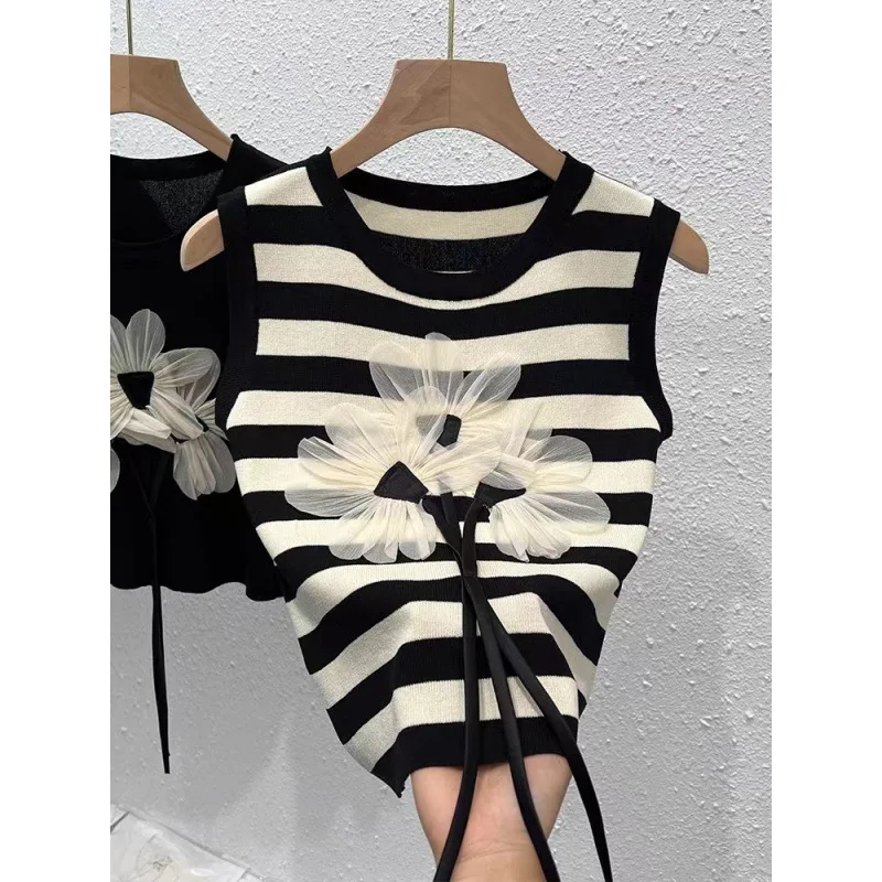 

Lady Summer Heavy-duty Three-dimensional Flower Drawstring Knitted Vest for Women Fashionable Stylish Slim Versatile Top