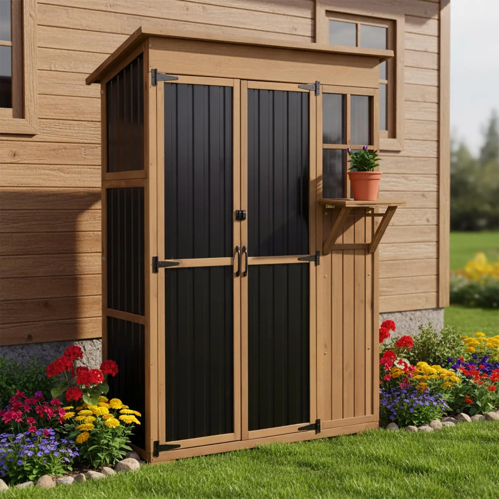 Large Storage Shed, Wood & Metal Outdoor Storage Cabinet with External Foldable Table,Waterproof Roof,Three Shelves