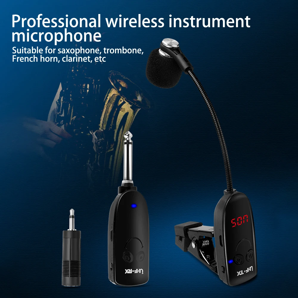 Wireless saxophone microphone receiver, transmitter, 160 foot range, plug and play instrument, great trumpet