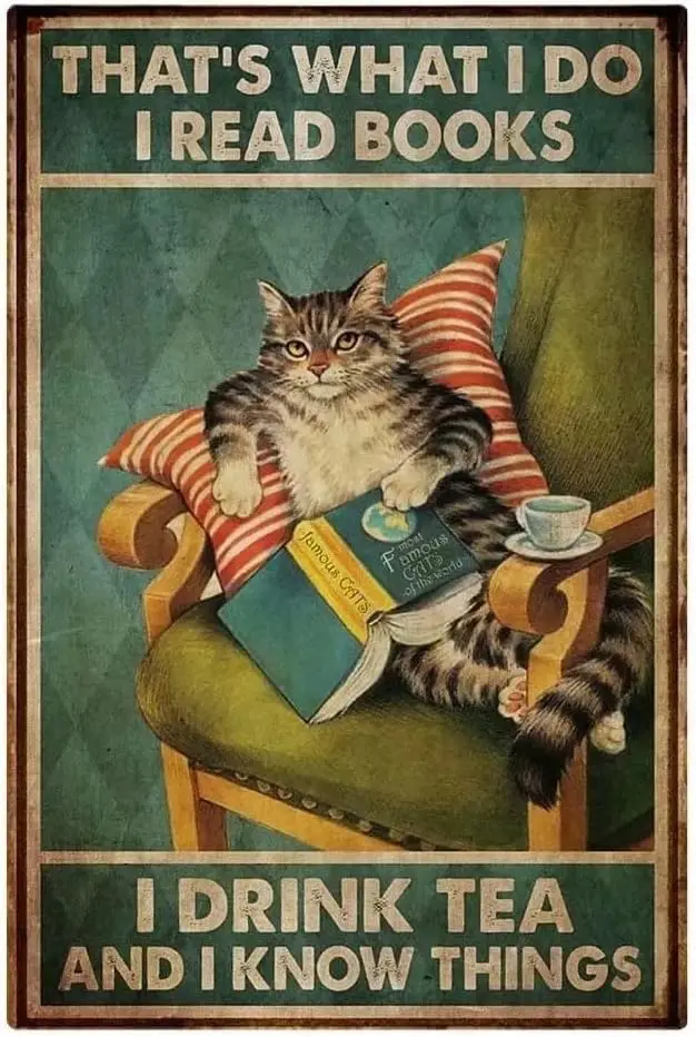 Lustige Metallschilder für Schlafzimmer, Katzen-Blechschild mit Lesendecke und Kaffee auf Stuhl, Dekorationen, Eisenplakette, Geschenk, 8x6