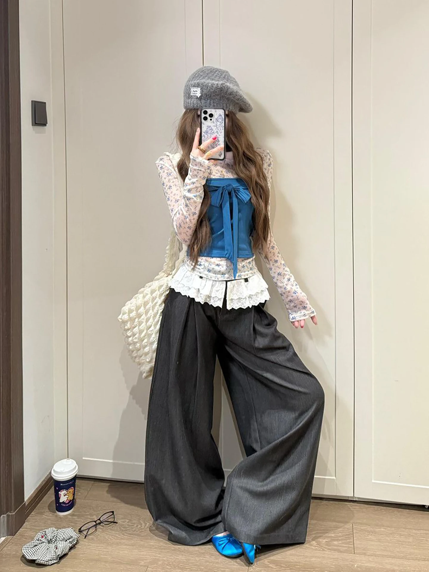 

Spring 2026 Floral Print Slim Fit Tube Top Blue High Waist Wide Leg Pants Three Piece Set Casual Fashion Women's Ensemble