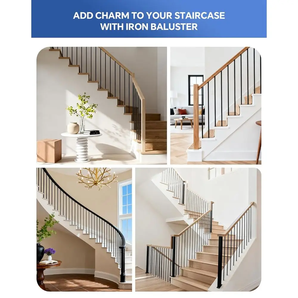 44 Square Hollow Metal Balusters, 32-Pack for Interior Staircase, 1/2 Wrought Iron Spindles, Black Indoor Railing