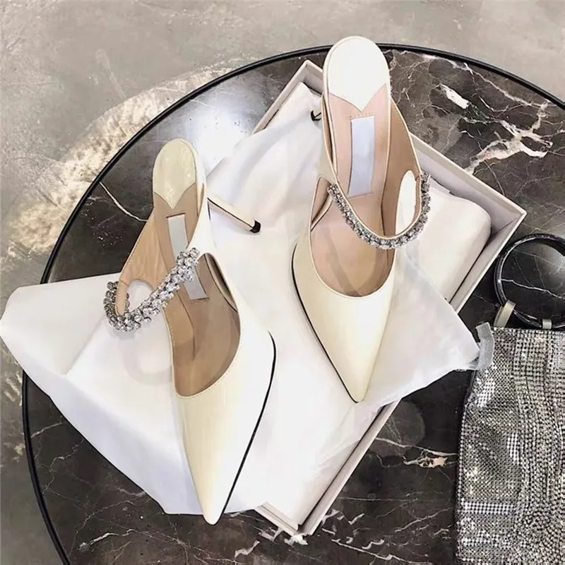 2024 Summer New High-heeled Stiletto Pointed Rhinestone Slippers Women's Outer Wear One-word with Baotou Half Drag Muller Shoes