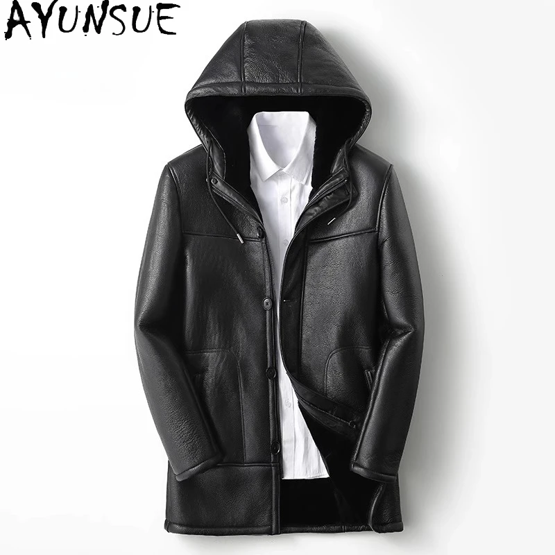 

AYUNSUE 2025 Fashion Natural Fur Coat Man Hooded Winter Mid-length Genuine Sheepskin Leather Jacket Men Warm Shearling Fur Coats