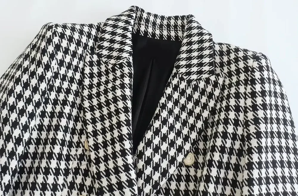 Traf Vrouwen Mode Double Breasted Houndstooth Blazer Jas Vintage Lange Mouw Flap Zakken Dames Bovenkleding Chic Vestes Pak