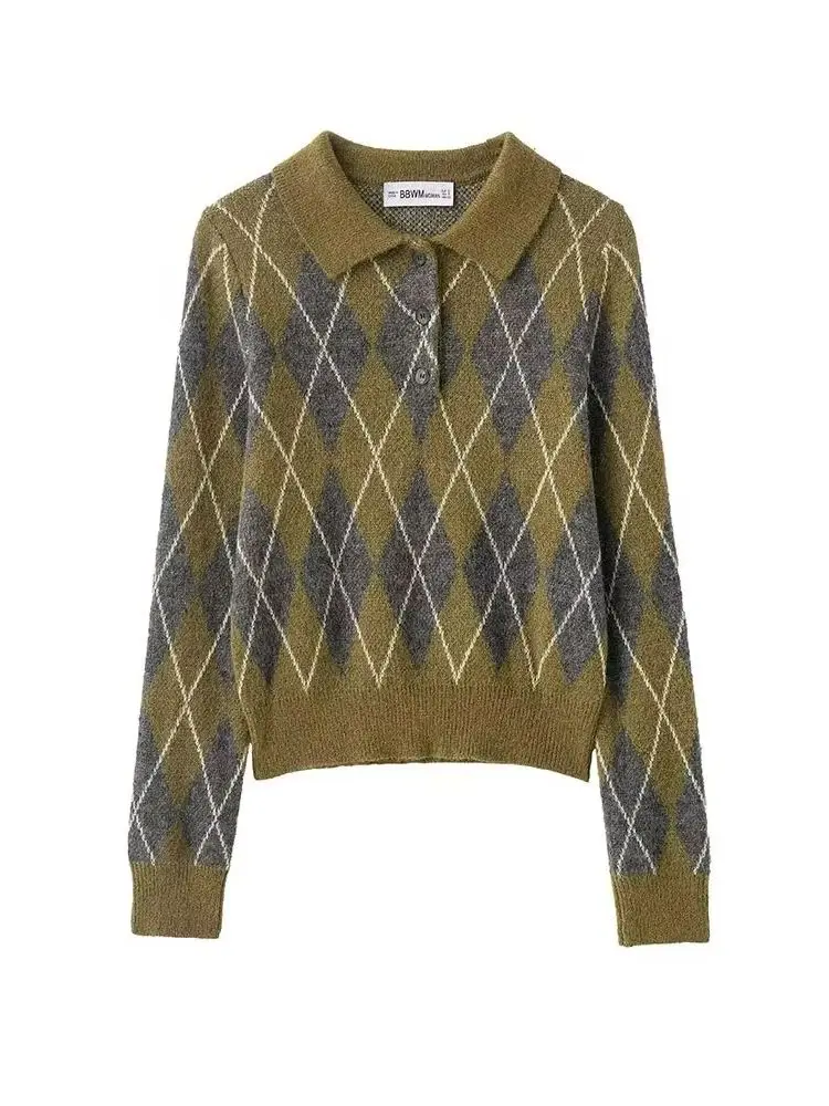

HH Woman Autumn Slim Lapel Long Sleeves Button Decoration Rhombus Pullover Knitted Sweater Female Fit Street Style Tops