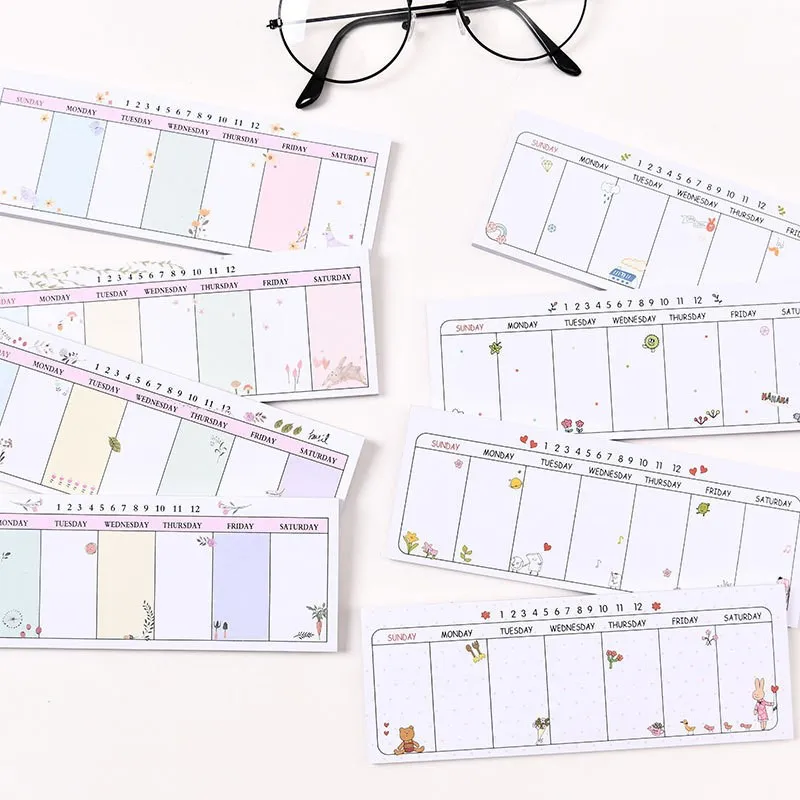 อุปกรณ์สำนักงาน โรงเรียน เครื่องเขียนสร้างสรรค์ สมุดโน้ตการ์ตูนแบบมีกาวในตัว สมุดวางแผนรายสัปดาห์แบบยาว สมุดจดตารางเวลา ขายส่ง 8 แบบ น่ารัก