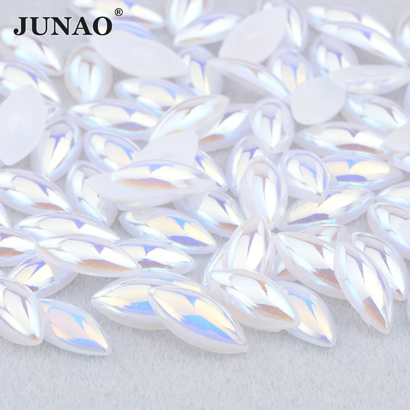 JUNAO 100pcs 7*15mm Jelly White AB Half Pearl Rhinestone Horse Eye Strass Crystal Flat Back Pearl Beads For Clothes DIY Crafts