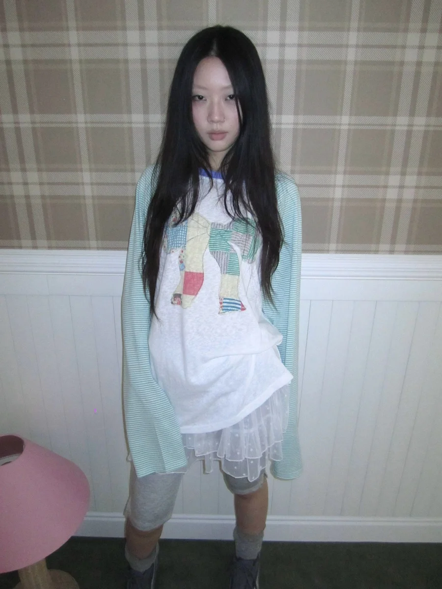 

Summer Thin Lazy Loose T-irt with oulder Strap Long Sve Knot Print Color Blo Stripes Korean Sle Casual Top