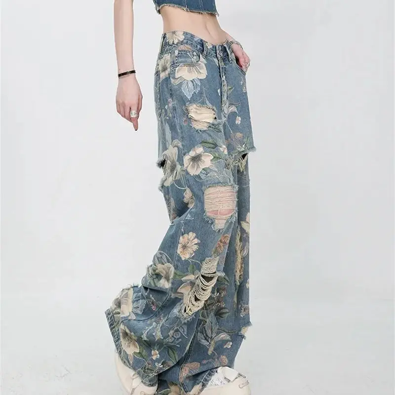 Bedrukte gescheurde jeans Amerikaans 2025, zomer, nieuw retro-design, nis, losse wijde pijpen, vloerlengte, rechte pijpen, broek voor woon-werkverkeer WF