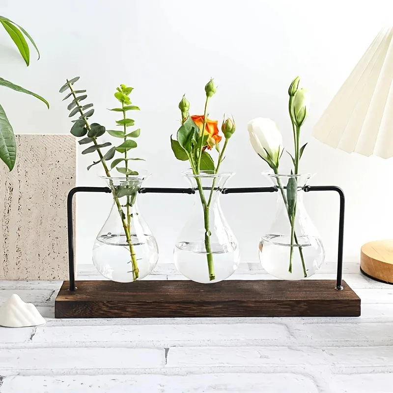 

Гидропонный растительный декор для стола — винтажные 3-х прозрачные стеклянные вазы на деревянной подставке, удобные для дома и офиса