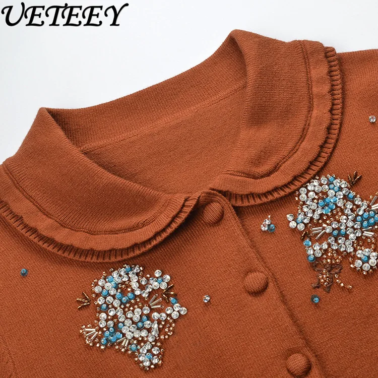 

Осенний новый тяжелый кардиган с кукольным воротником из бисера, элегантный женский облегающий короткий универсальный вязаный свитер с длинными рукавами, куртка