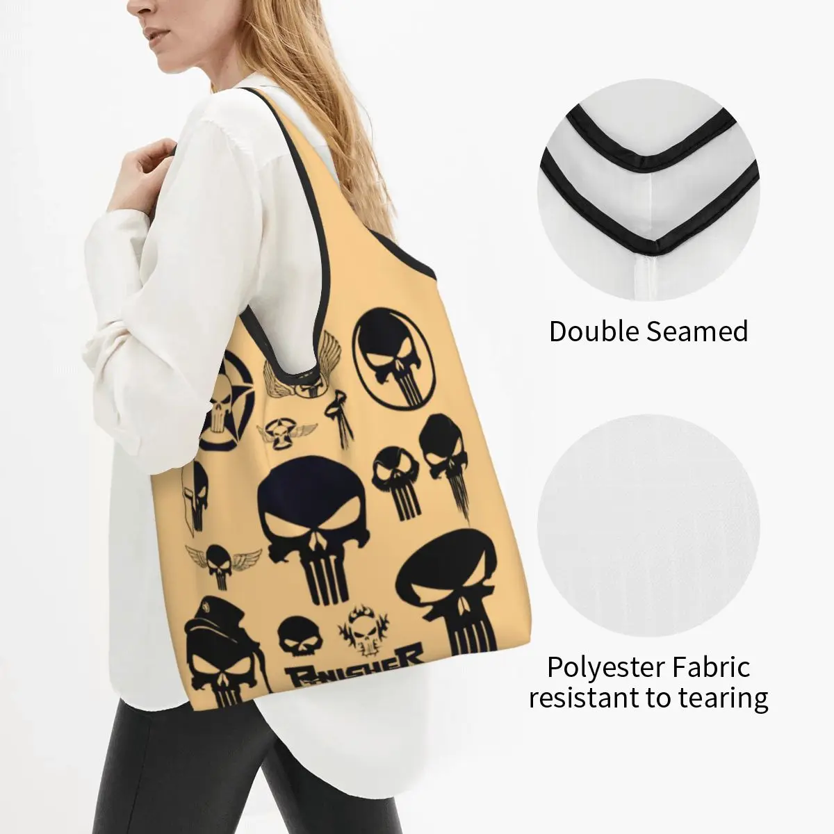 Custom Fashion Print Punisher Skeleton Skull Tote Shopping Bag Portable Shopper Shoulder Handbag