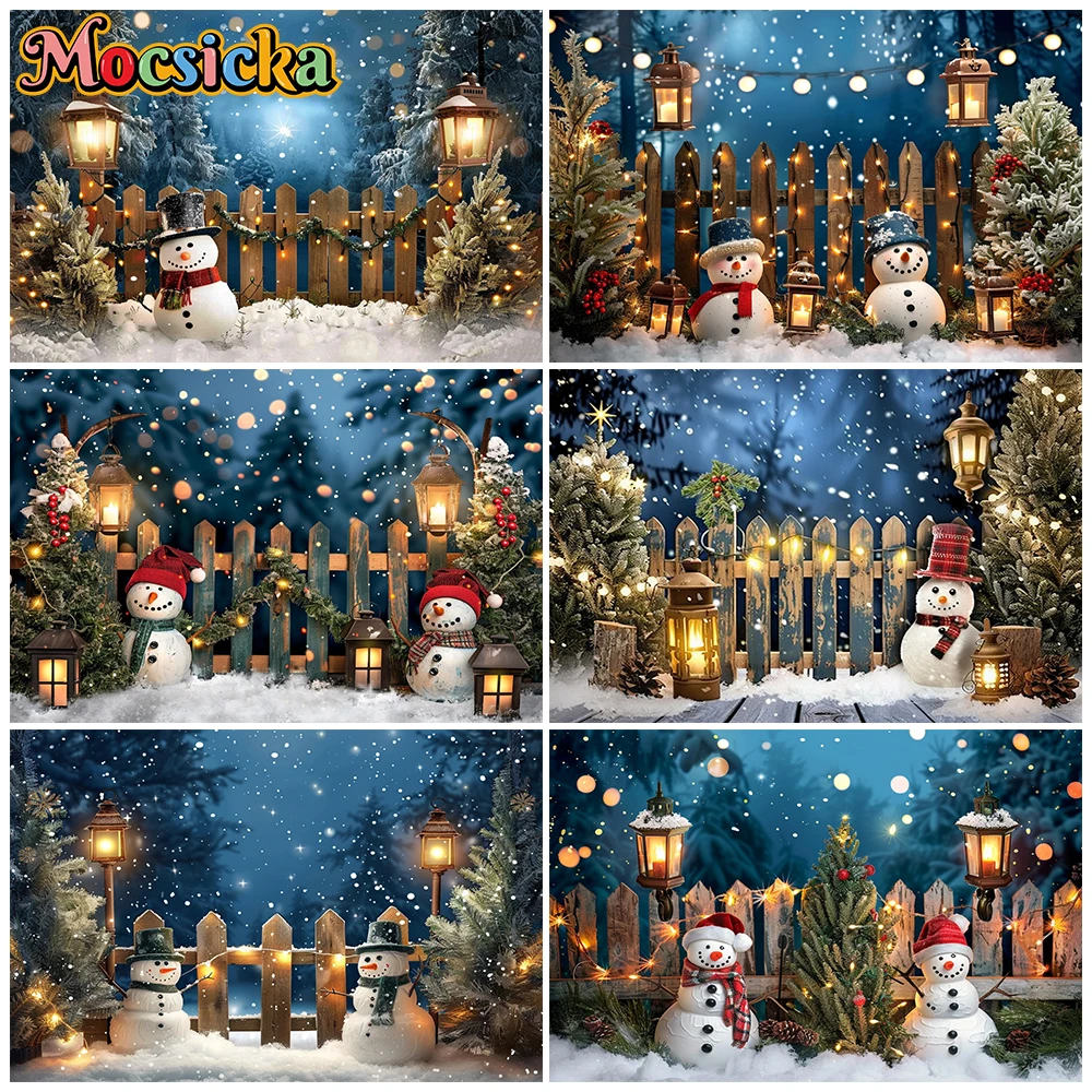Mocsicka Christmas Snowman Backdrop Lantern Wooden Fence Snow Tree Winter Night Photography Background Photo Studio Props Decors
