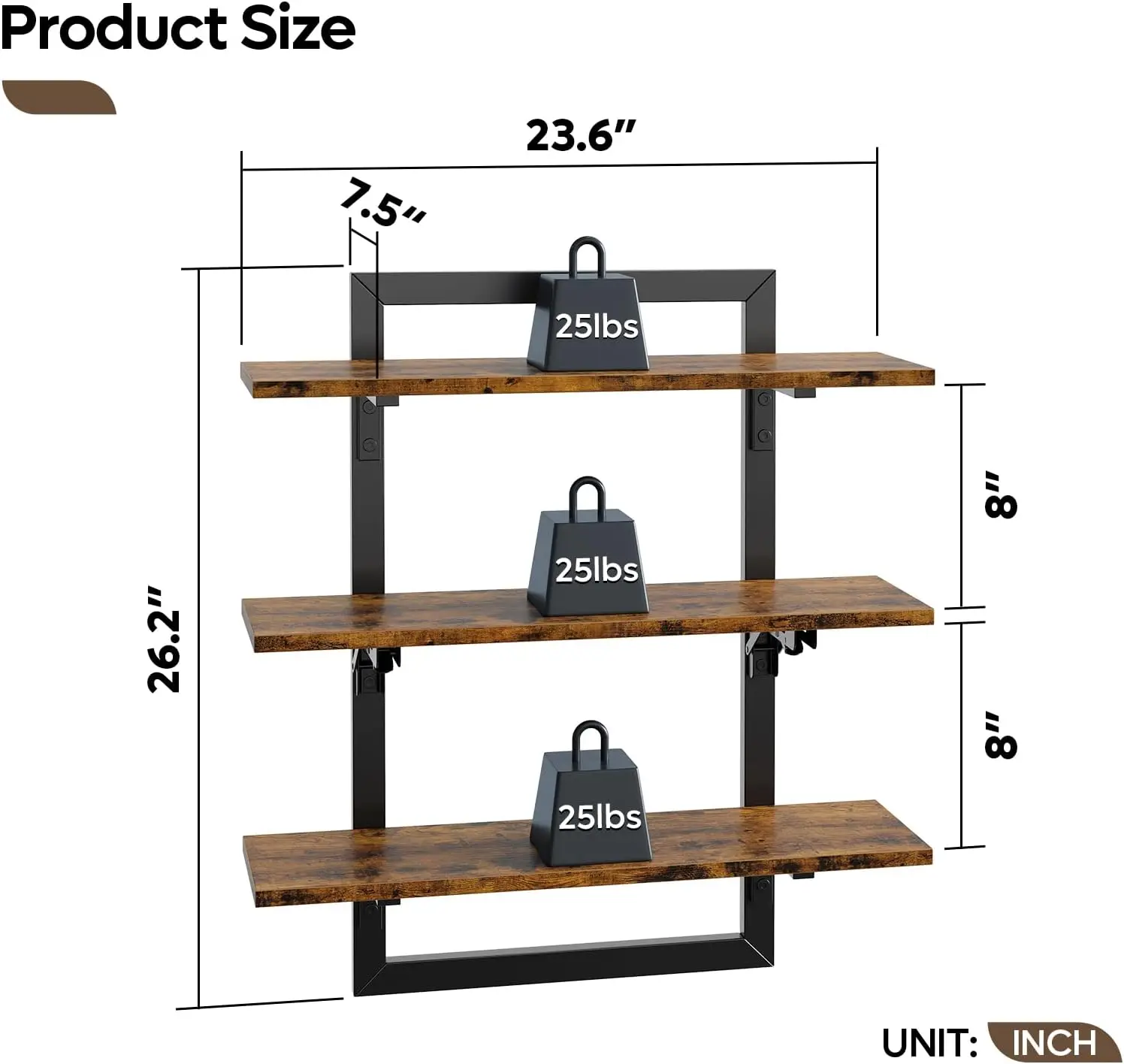 Floating Shelves for Wall, 24 inch Kitchen Shelves Wall Mounted, 3 Tier Coffee Bar Shelf with Foldable Brackets, Industrial Disp