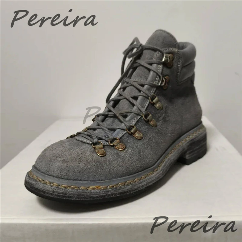Retro Gray Suede Lace Up High Top Casual Shoes for Men Round Toe Thick Soled Stitching Short Boots Trendy Outdoor Hiking Shoes