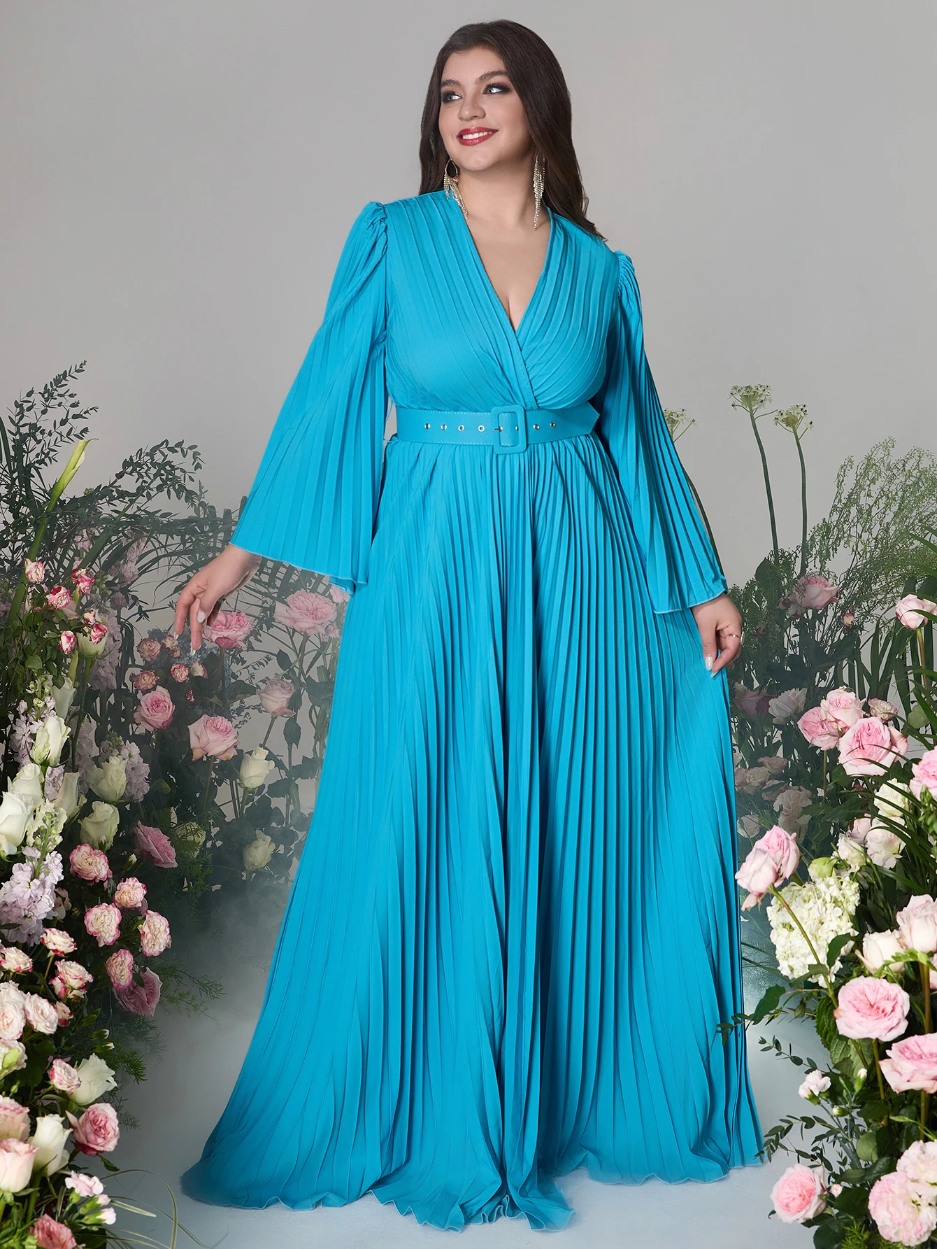 Plus Size Pleated Dress for Women Long Sleeve V-Neck Party Evening Dress Solid Color Elegant Fashionable Maxi Dresses 2024 New