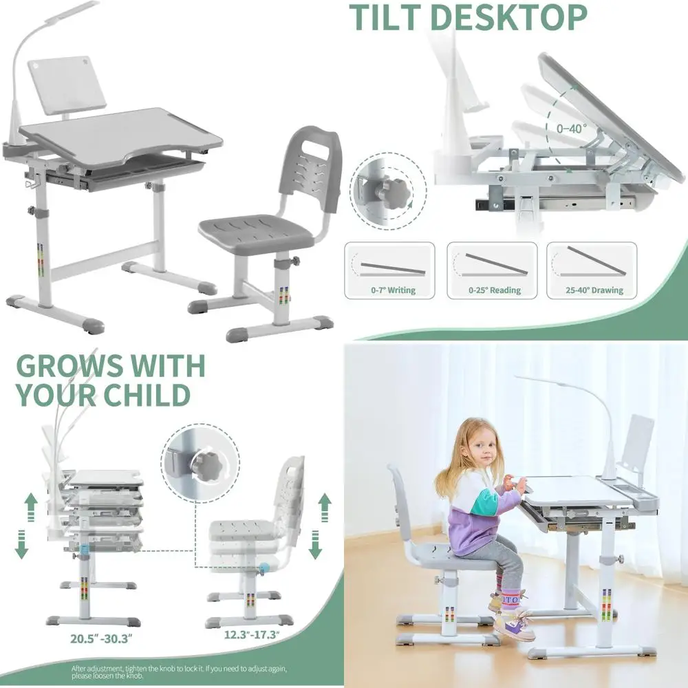 

Ergonomic Adjustable Kids Desk & Chair Set with Tilt Table and Book Stand for Studying