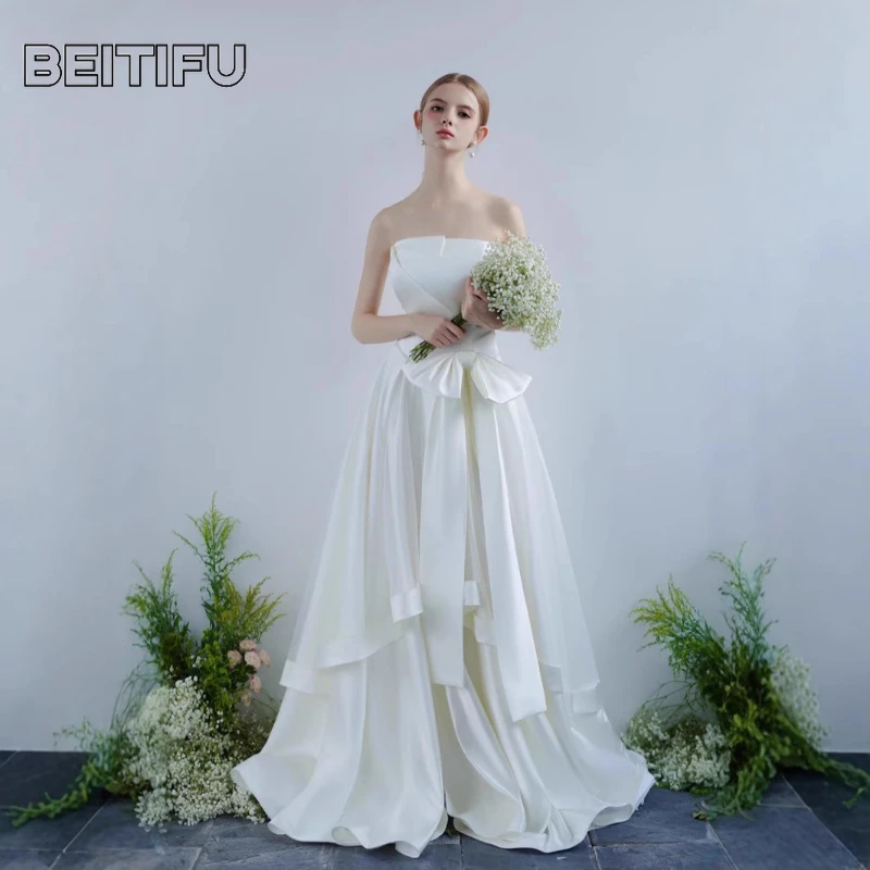 

BeitifuBaby French Style Wedding Dress for Women Vintage Strapless Bow Slimming Tiered Stain Bridal Dresses Vestidos Elegantes