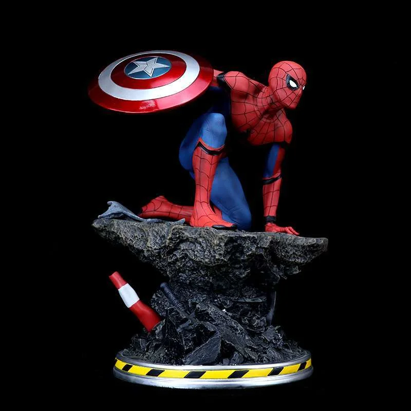 Estatua de Spider-Man de Marvel Avengers, versión de la Guerra Civil, con escudo del Capitán América, figura pintada, decoración de escritorio, adorno para el hogar
