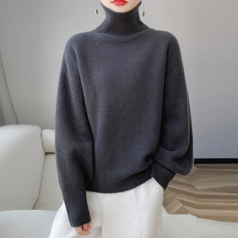 New women\'s sweater in autumn and winter 100% merino wool sweater turtleneck cashmere sweater 7-pin thick warm casual top.