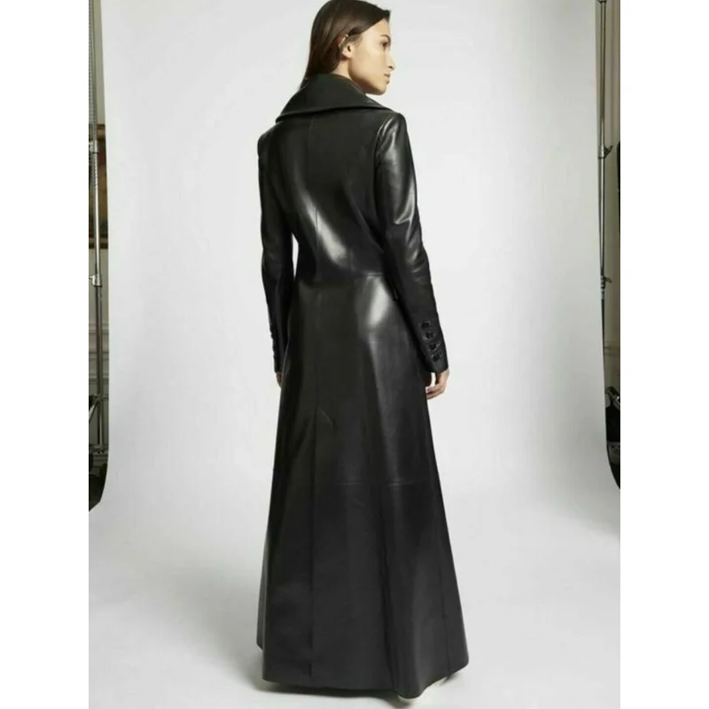 Women Leather Dress Genuine Leather Long Trench Overcoat Dress Genuine Leather