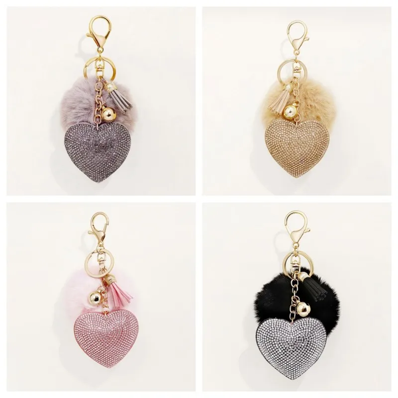 Pompom Keychains Rhinestone Heart Women's Bags Key Ring Keyrings Pendants Automobile decoration room Suspension Decoration