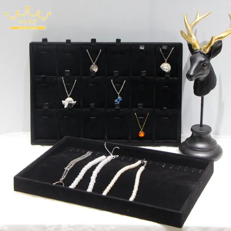 Black Velvet Ring Necklace Display Tray Earring Jade Pendant Storage Plate Large Size Rings Jewelry Organizer Box 35*24Cm