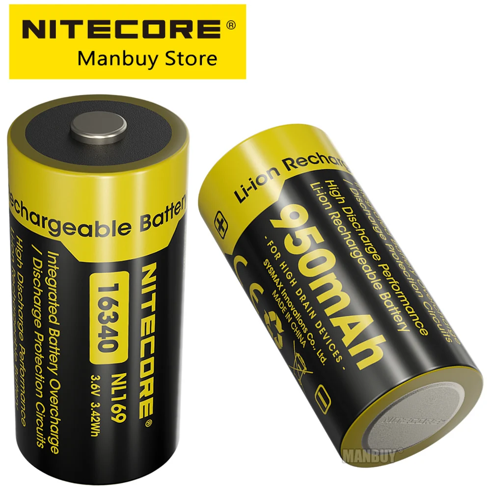 

Nitecore 16340 NL169 x2Pieces Free Gift Flashlight 950mAh 3.6V 3.42Wh Protected Lithium Rechargeable RCR123A 18350 Liion Battery