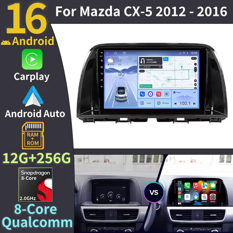 Radio para Auto Android 16 para Mazda CX5 CX-5 2012 2013 2014 2015 2016, Navegación Multimedia 2K QLED, Estéreo GPS Qualcomm, Audio DTS DSP