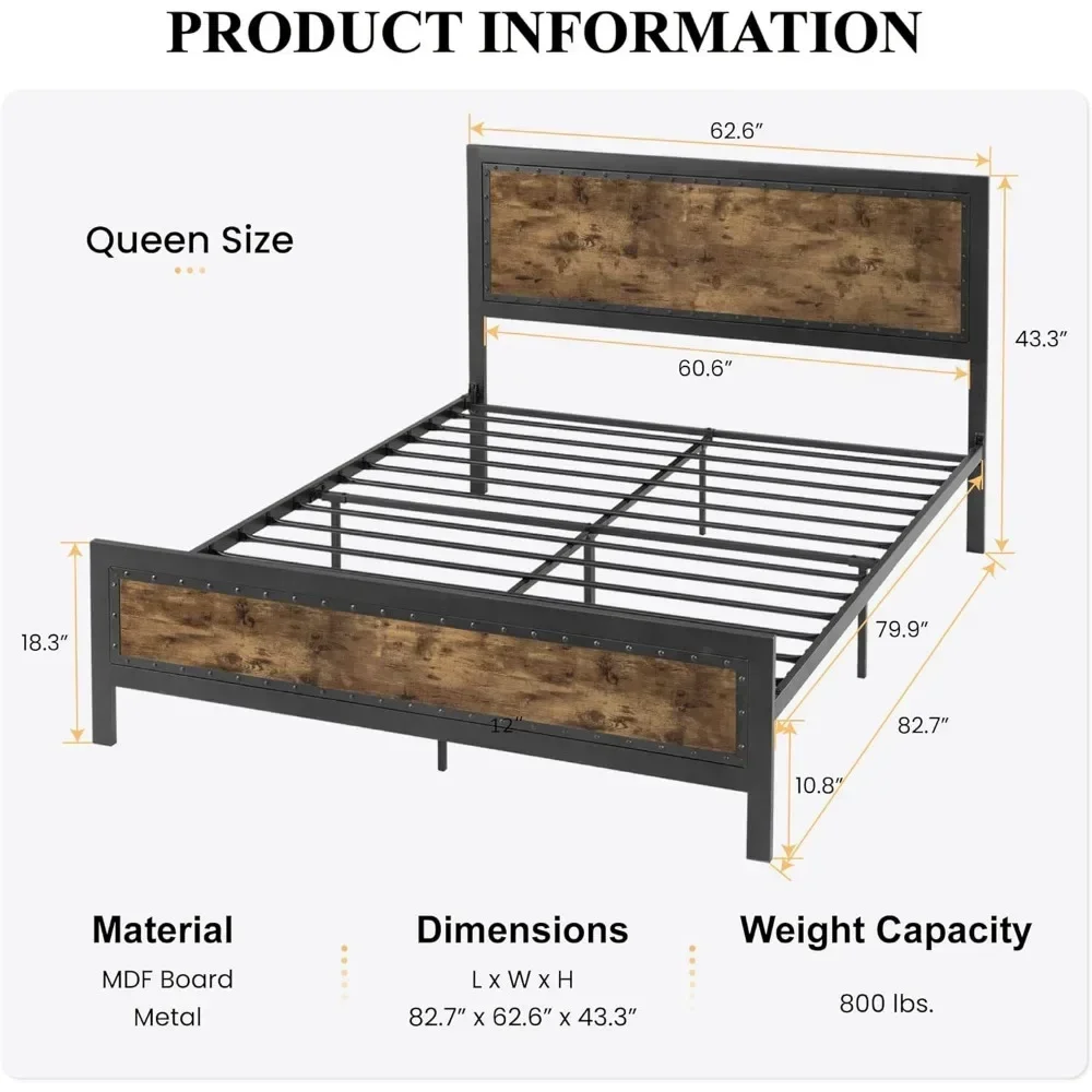 Metal Bed Frame /Industrial Wooden Platform Bed with Rivet Headboard/No Box Spring Needed