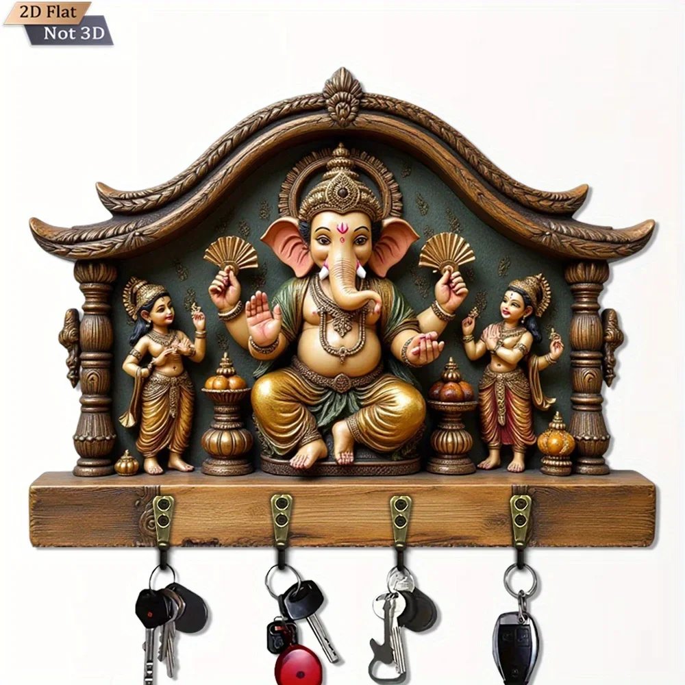 2D Flat, 1pc, Ganesha Decorative Key Hook, Wooden Multi-Functional Home Key Holder with Four Metal Hooks, Wall Decor, Porch