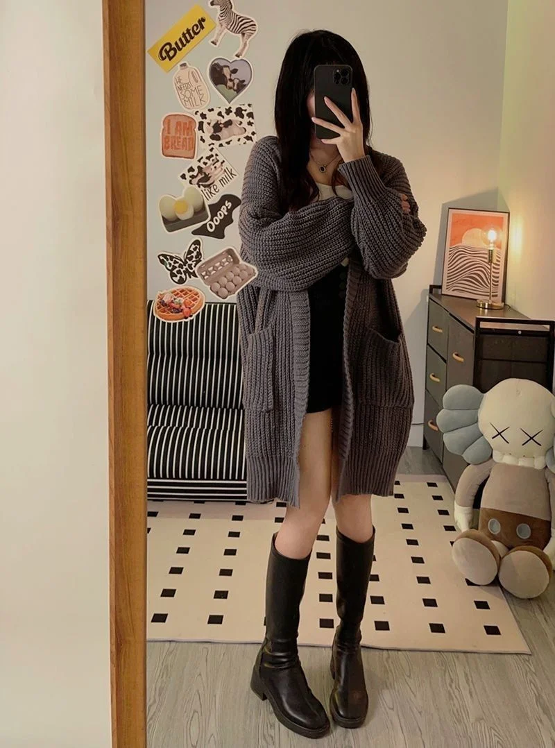 

Mid-Long Cardigans Elegante Womens Fall Cosy Hooded Fitting High-Fashion Zip-Up Shiny Mujer Minimalist V-Neck Baggy Bling Tender