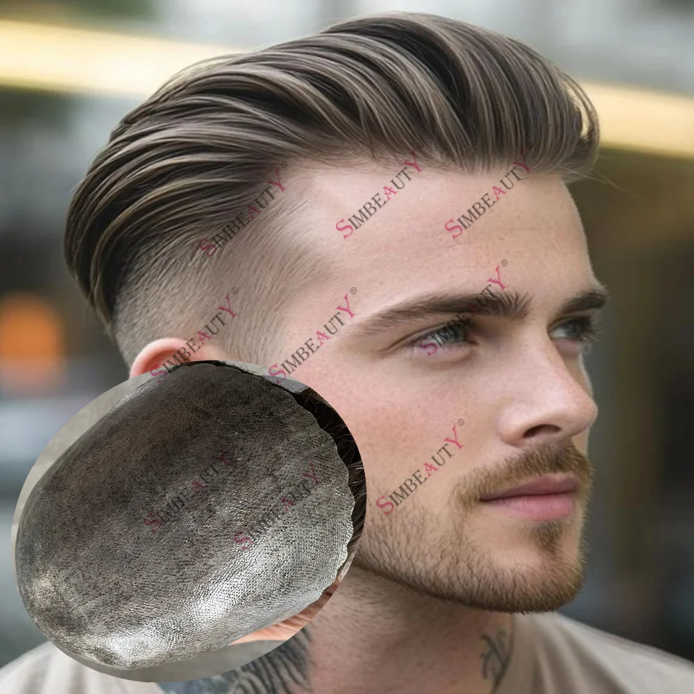 Men Toupee Long Last 0.1mm Injection Full PU Base Cold Brown Men's Capillary Prosthesis Real Human Hair Wig Natural Hairpieces